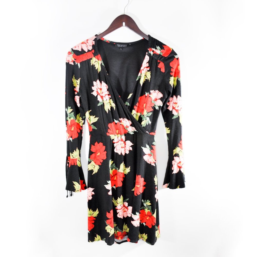 Topshop Floral Faux Wrap Dress with Bell Sleeves